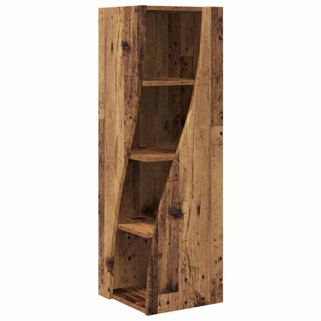 Ein Holzregal aus rustikalem, restauriertem Holz mit drei gleichmäßig angeordneten Regalbrettern. Das Design betont die natürliche Textur und Maserung des Holzes.