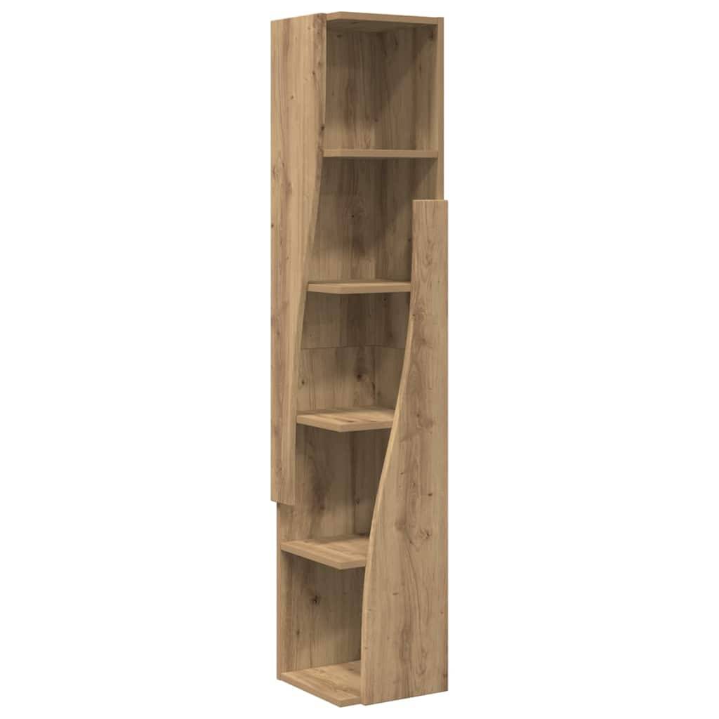 Holzregal mit schlankem, hohem Design, ausgestattet mit fünf Regalen und einer asymmetrischen Seitenwand.