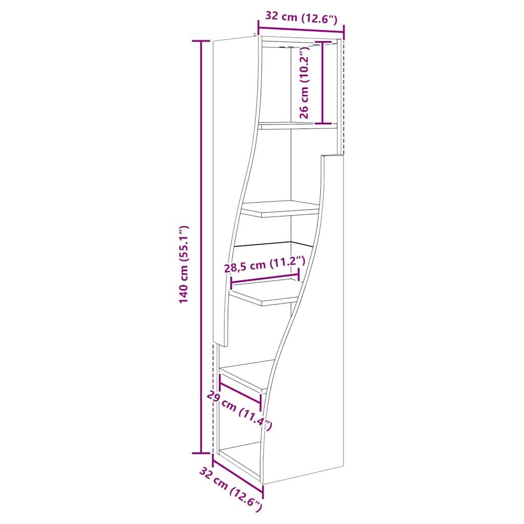 Hohe, schmale Regalsäule mit geschwungener Gestaltung und unterschiedlichen Regalebenen. Maße: 140 cm (H), 32 cm (B), 32 cm (T).