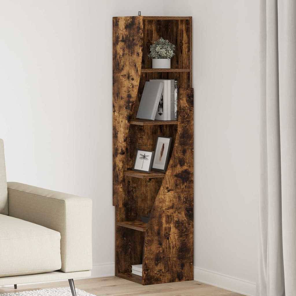 Holzeckregal mit rustikaler Oberfläche, bestückt mit einer Pflanze, einem gerahmten Foto mit dem Titel 'Starfish' und Büchern, platziert neben einem beigen Sofa.