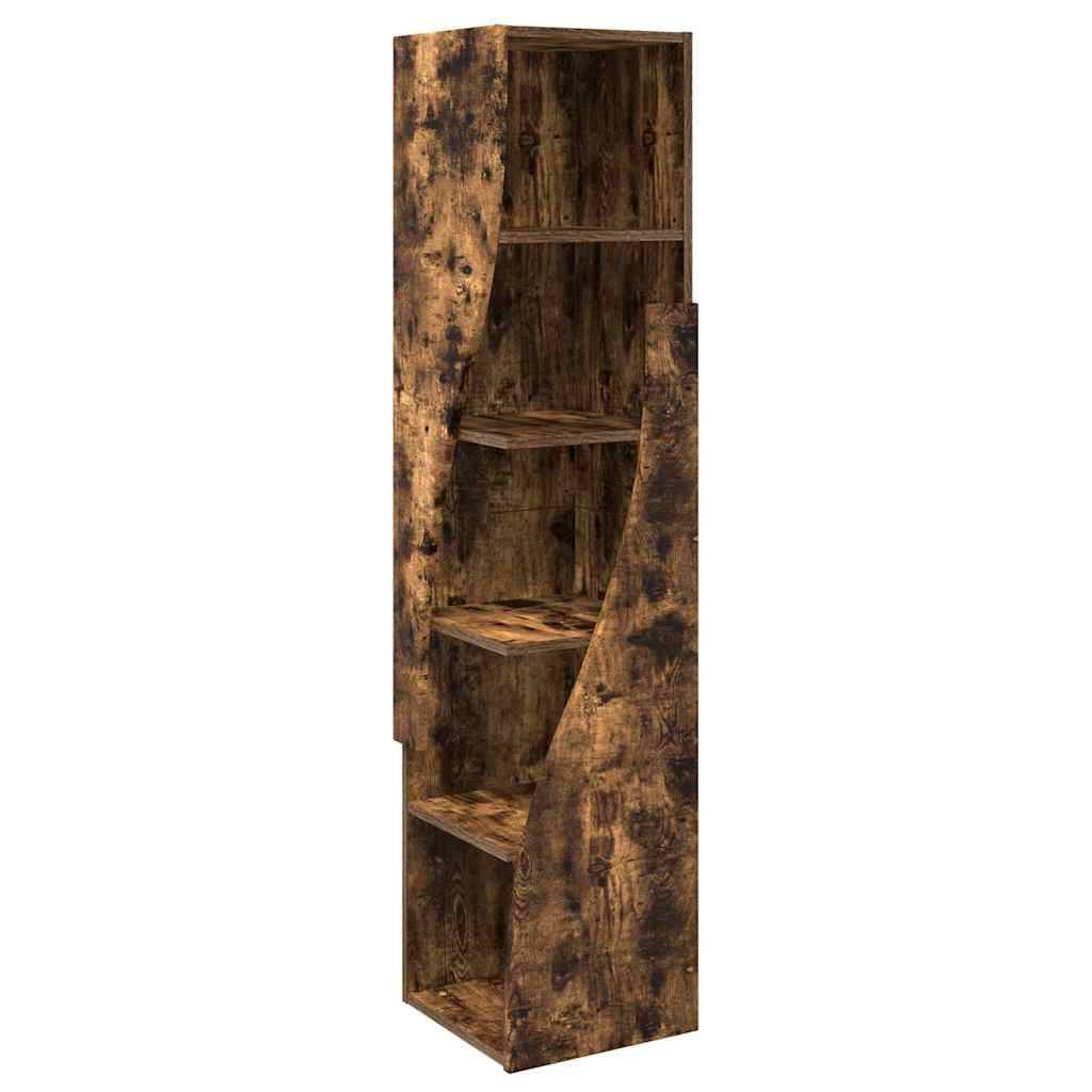 Hoher, rustikaler Bücherregal mit Holzoptik und einem einzigartigen, kantigen Design mit mehreren offenen Regalen zur Aufbewahrung und Präsentation.