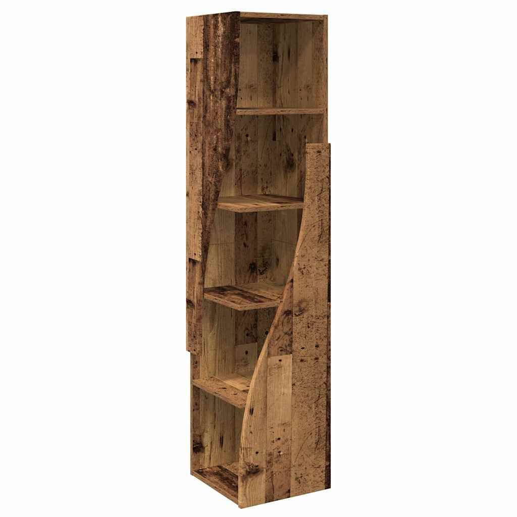 Ein hohes, schmales Holzbücherregal mit rustikalem Finish, das mehrere offene Regale zur Aufbewahrung bietet. Die Regale sind abgewinkelt und verleihen dem Design ein einzigartiges Element.
