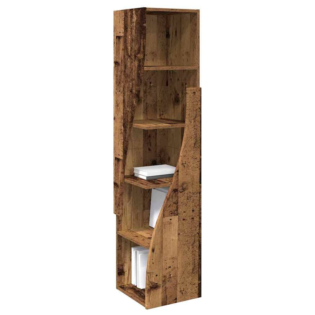 Holz-Eckbücherregal mit fünf Regalen, Bücher und Dekorationsgegenstände präsentierend, mit rustikaler Oberfläche für den Einsatz im Heim oder Büro entworfen.