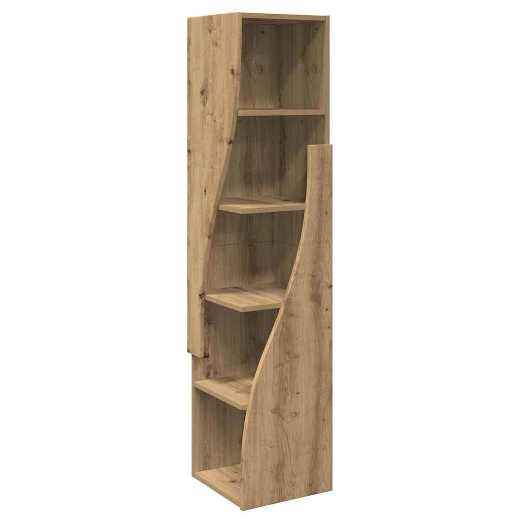 Hoher Bücherregal aus Holz mit vier offenen Regalen und geschwungener Seitengestaltung, geeignet zum Organisieren von Büchern oder zur Präsentation von Dekorationsartikeln.