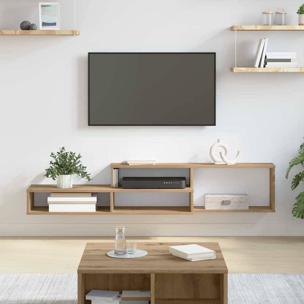 Ein minimalistisches Wohnzimmer mit einer wandmontierten TV, schwebenden Regalen, einer Holz-TV-Konsole mit Pflanzen und Büchern und einem kleinen Couchtisch.