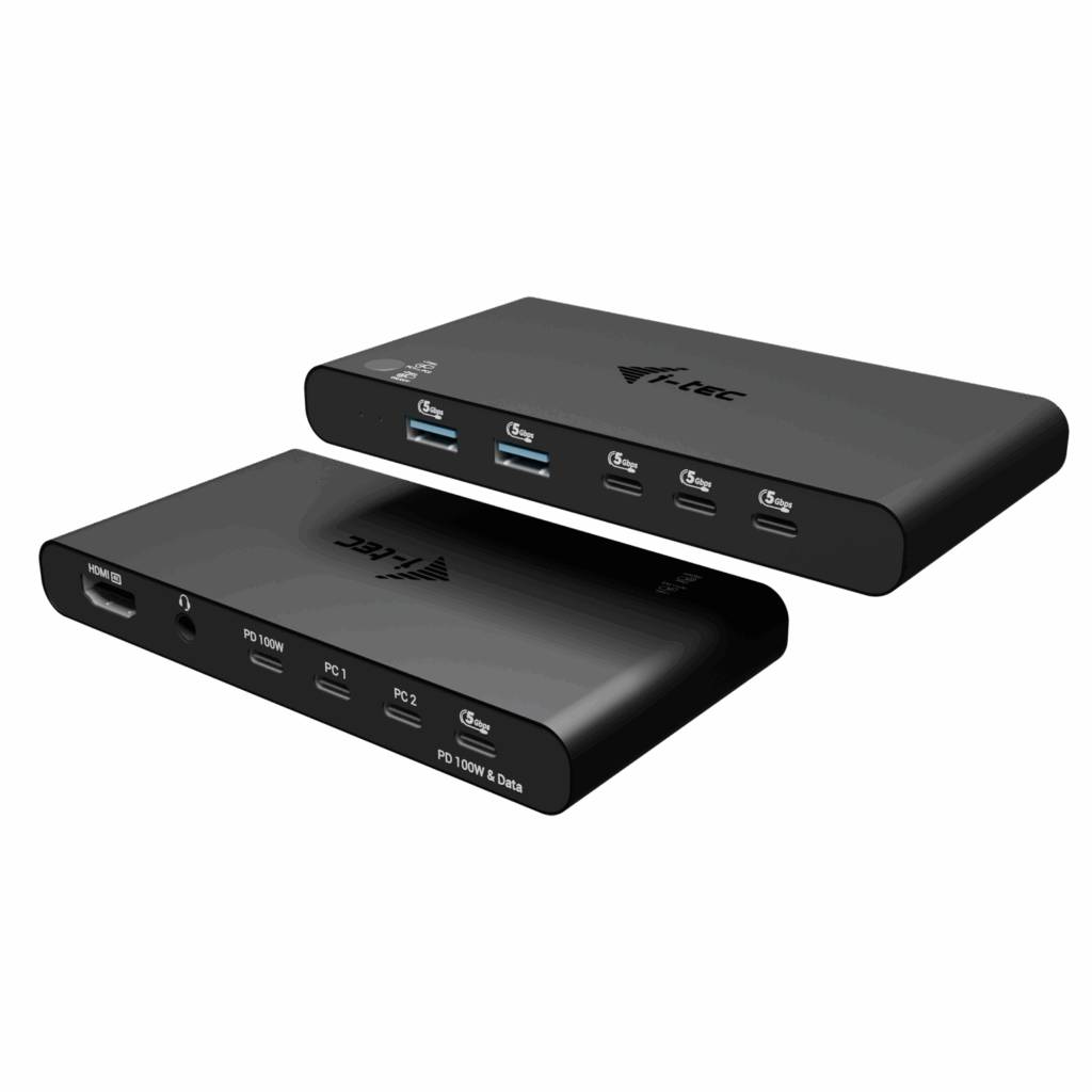 Zwei schwarze USB-C-Dockingstationen gestapelt, die mehrere USB-C-Anschlüsse und Beschriftungen für PD 100W und Datenübertragung zeigen.