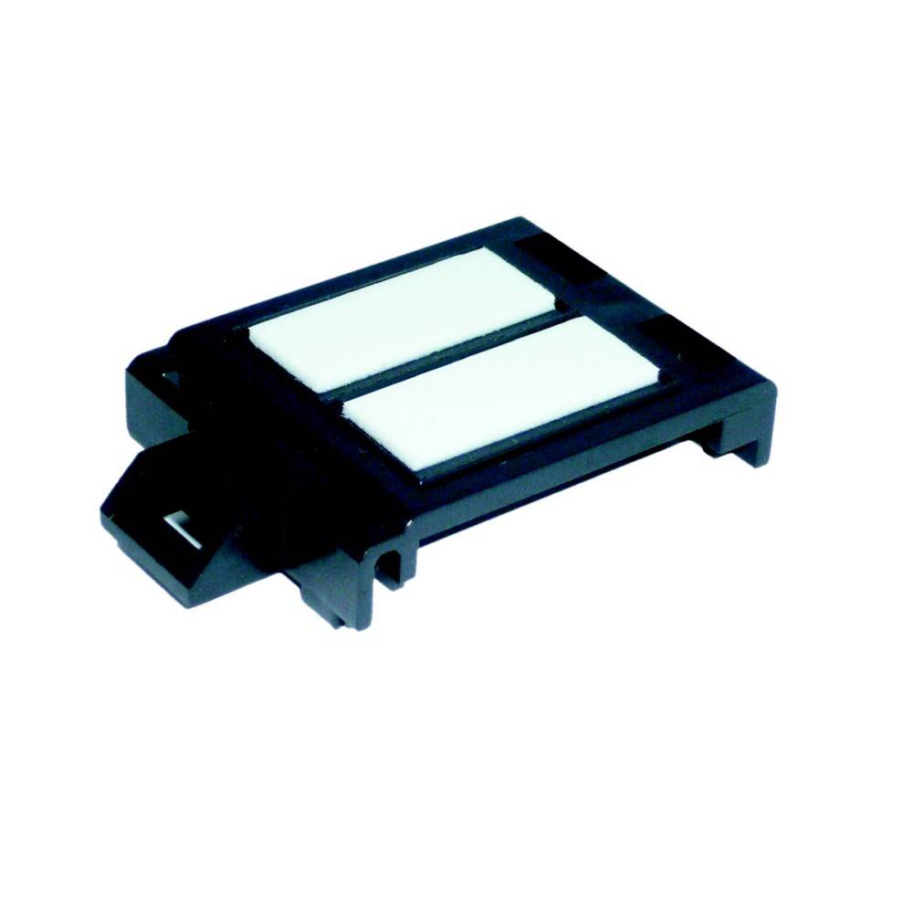 Eine schwarze Kunststoffkomponente mit zwei rechteckigen weißen Auflagen auf der Oberseite, möglicherweise ein Halter oder eine Befestigung für elektronische oder mechanische Anwendungen.