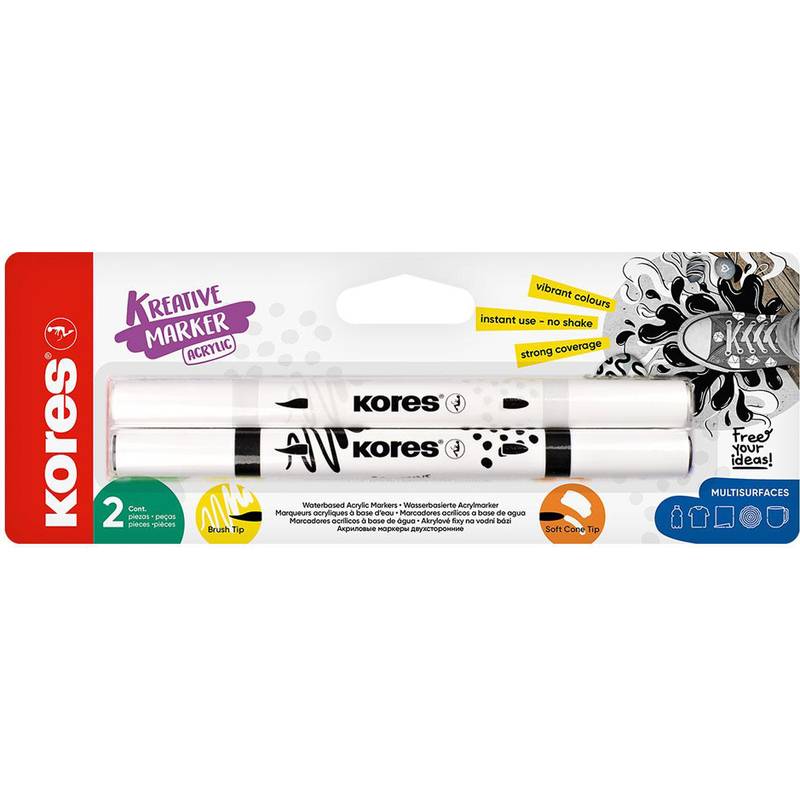 Packung der Kores Kreative Marker enthält zwei Acrylmarker, die leuchtende Farben und starke Deckkraft für die Verwendung auf verschiedenen Oberflächen präsentieren.