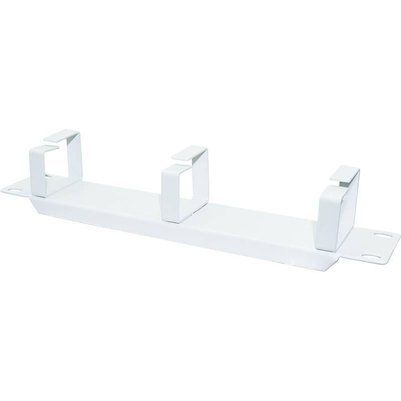 Ein weißer, wandmontierter Halter mit drei gleichmäßig angeordneten Schlitzen zum Halten oder Abstützen von Gegenständen wie Stangen oder Regalen.