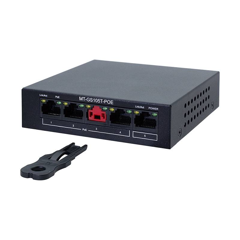 Ein schwarzer Netzwerk-Switch mit vier Ethernet-Ports, beschriftet mit 'MT-GS105T-POE', und ein dazugehöriges Installationswerkzeug.