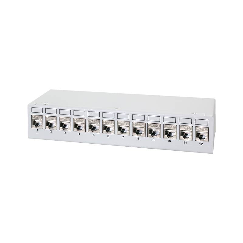 Ein weißes Netzwerk-Patchpanel mit 12 nummerierten Ports, das zur Organisation und Verbindung von Netzwerkkabeln in einem strukturierten Kabelsystem verwendet wird.