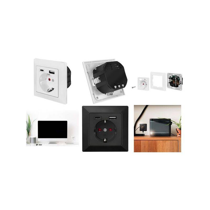 Wandsteckdosen mit USB-Anschlüssen in Schwarz und Weiß, in verschiedenen Konfigurationen dargestellt. In der Nähe von Schreibtischen mit Computern und Pflanzen verwendet.