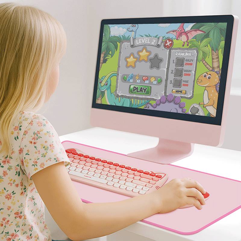 Ein Kind, das an einem pinkfarbenen Desktop-Computer ein Lernvideospiel spielt, auf dem ein bunter Levelbildschirm mit Rangliste und Spieloptionen zu sehen ist.