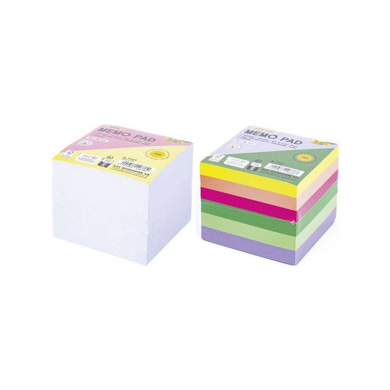 Zwei Notizblöcke, einer mit weißen Blättern und einer mit bunten Blättern in Rosa, Gelb, Grün, Lila und Orange, nebeneinander aufgestellt.