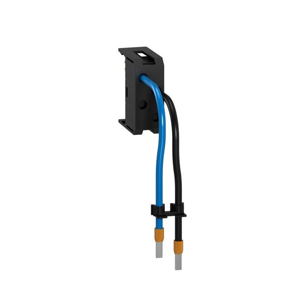 Ein schwarzer elektrischer Anschluss mit zwei Leitungen, eine blau und eine schwarz, die aus ihm herausragen. Die Leitungen haben Kupferspitzen an den Enden.