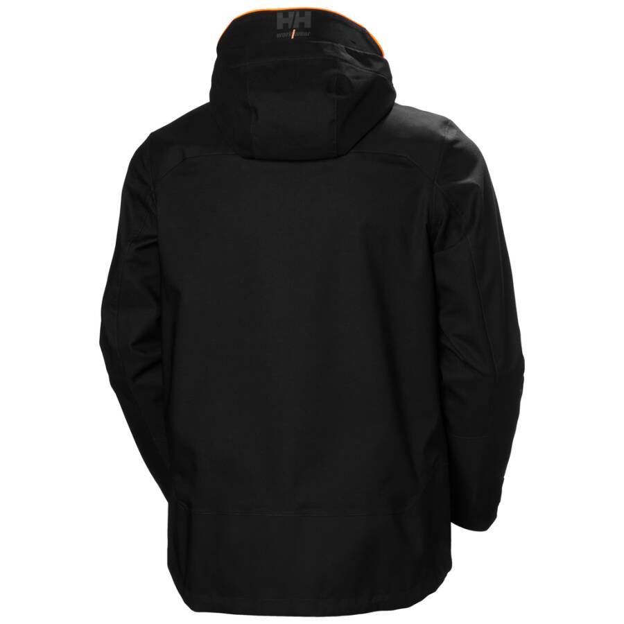 Eine schwarze Jacke mit Kapuze, von hinten betrachtet, die ihr Design und die Gewebetextur zur Geltung bringt. Ideal zur Präsentation von Außenbekleidungsstil.