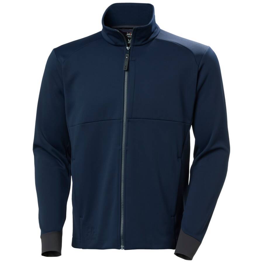Eine marineblaue Sweatjacke mit hohem Kragen, langen Ärmeln und minimalistischem Design. Geeignet für lässige oder sportliche Kleidung.