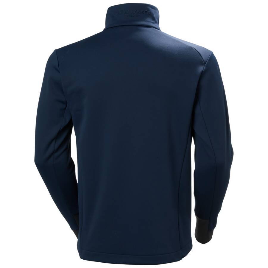 Eine marineblau Reißverschlussjacke, von hinten präsentiert, mit langen Ärmeln, hohem Kragen und einem schlichten Design.