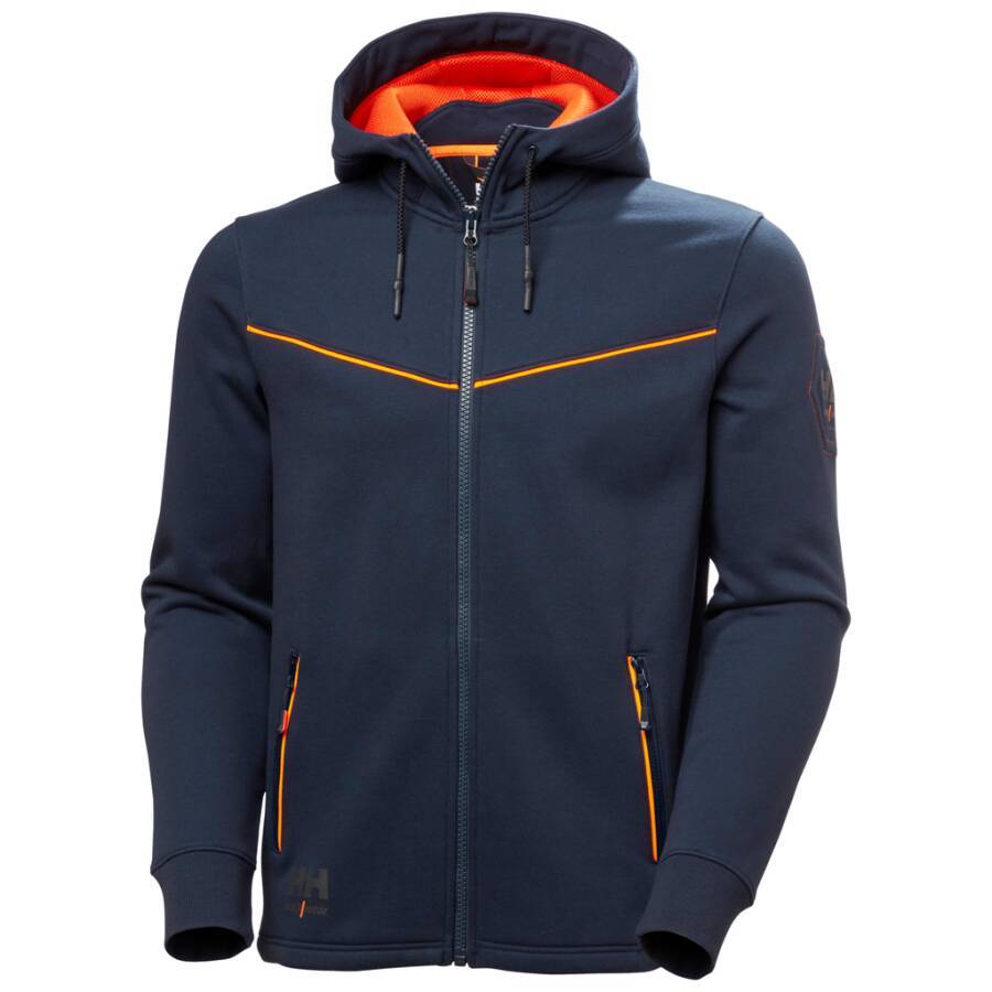Eine marineblau Kapuzenjacke mit orangefarbenen Akzenten am Kaputtenfutter, Reißverschluss und an den Taschen. Die Kapuzenjacke verfügt über ein strukturiertes Design.