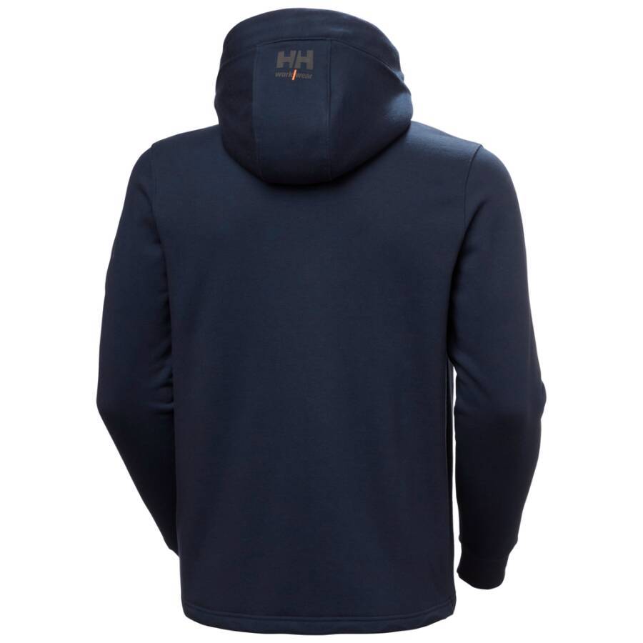 Ein marineblauer Hoodie, von hinten gezeigt, mit einer Kapuze mit einem kleinen Logo und langen Ärmeln.