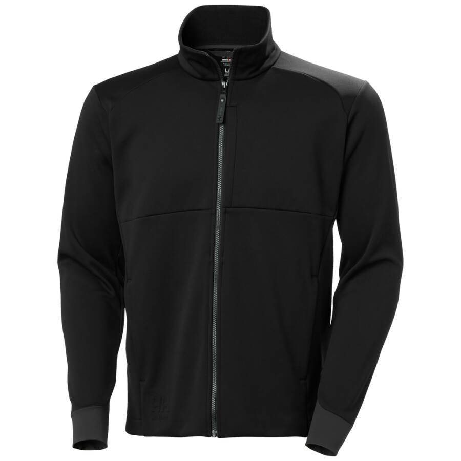 Schwarze Zip-Jacke mit hohem Kragen und Schulterdetails, konzipiert für lässige oder sportliche Bekleidung.