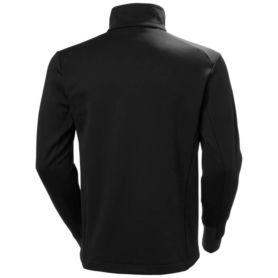 Eine schwarze Jacke von hinten präsentiert, mit langen Ärmeln und einem hohen Kragen.