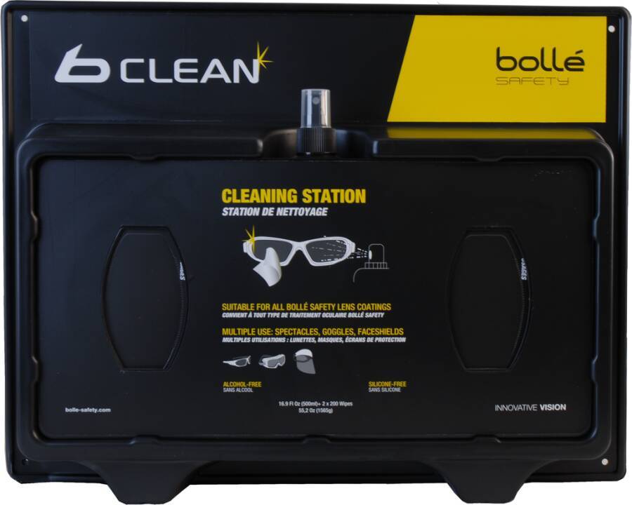 Bollé Safety '6 CLEAN' Reinigungsstation für Schutzausrüstung, dargestellt als an der Wand montierter schwarzer Spender mit gelbem Branding und Anweisungen zur Linsenreinigung.