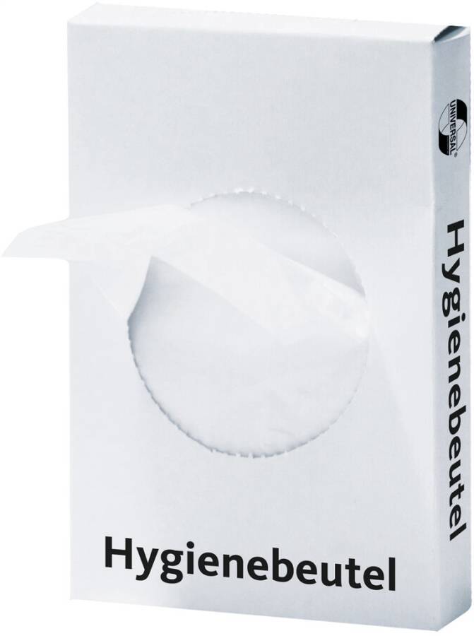 Eine Schachtel mit der Beschriftung 'Hygienebeutel', aus deren runder Öffnung teilweise ein Taschentuch herausragt, was darauf hinweist, dass sie Hygienebeutel ausgibt.