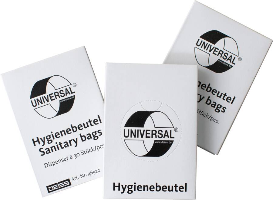 Drei Schachteln 'Universal Hygienebeutel Sanitärbeutel' mit einem schwarz-weißen Logo, jede Schachtel enthält 30 Beutel.