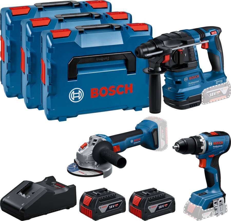 Bosch Akku-Elektrowerkzeug-Set: Koffer, Bohrhammer, Winkelschleifer, Schlagschrauber, Ladegerät und zwei 18V-Akkus.
