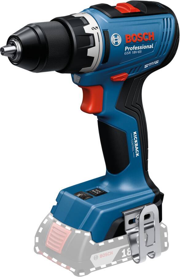 Eine blaue und schwarze Bohrmaschine mit rotem Auslöser, beschriftet mit 'Bosch Professional' und 'Kickback-Kontrolle', mit ergonomischem Design und Griff.