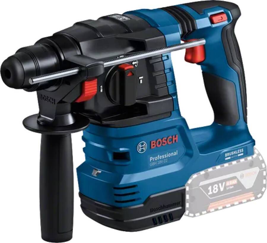 Blauer kabelloser Bosch Professional Bohrhammer mit 18V-Leistung und ergonomischem Griff, der sein kompaktes und robustes Design präsentiert.