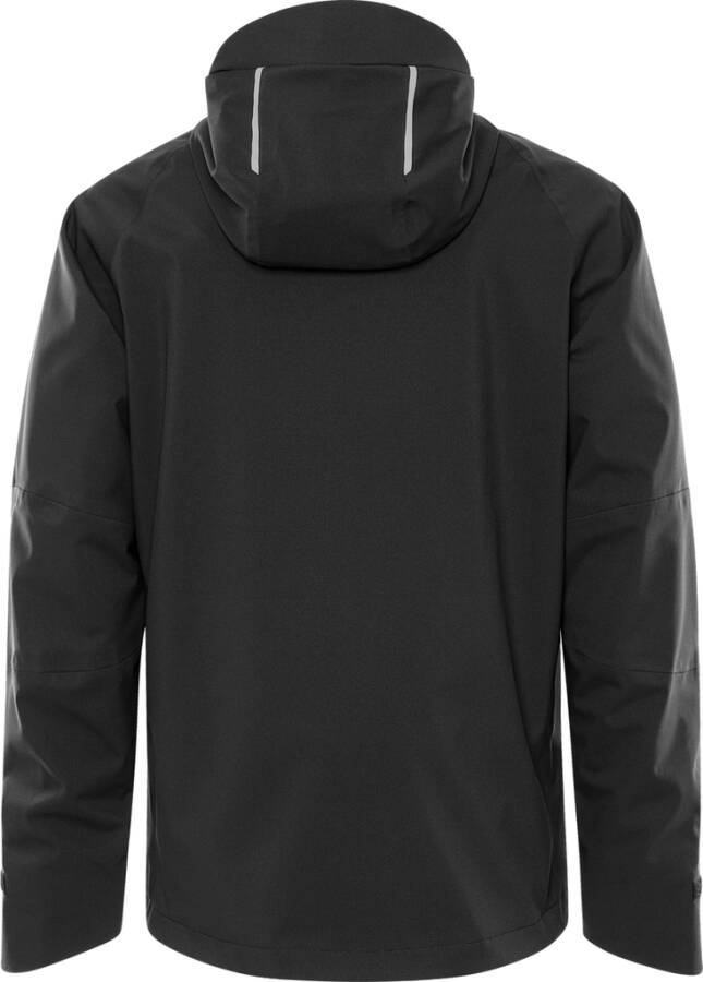 Eine schwarze Jacke wird von hinten präsentiert, wobei ihre Kapuze und langen Ärmel zu sehen sind.