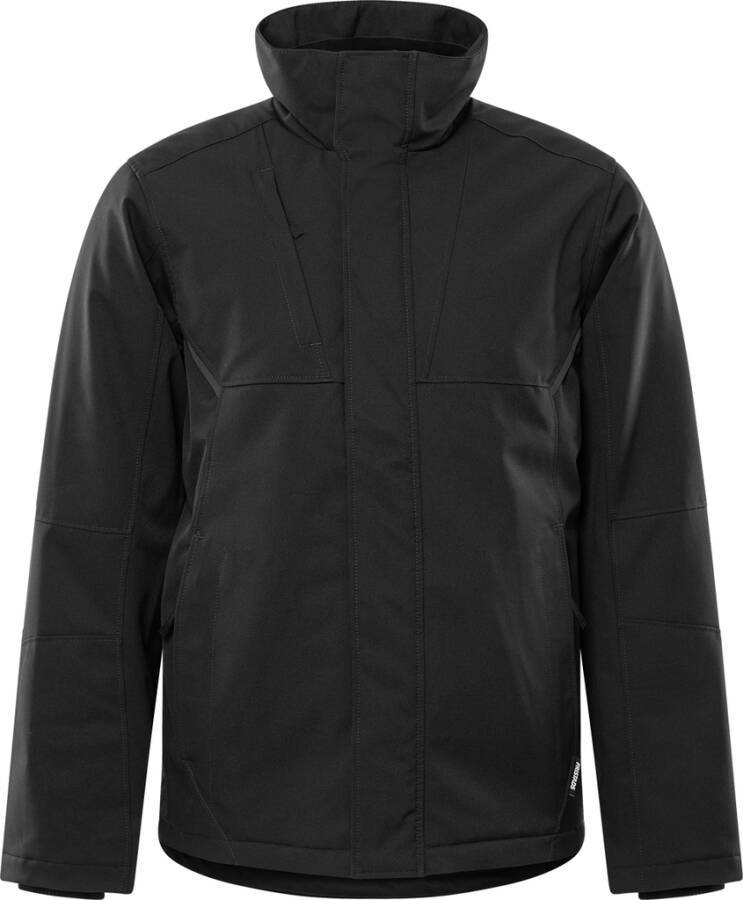 Eine schwarze Jacke mit hohem Kragen, Frontreißverschluss und minimalistischem Design.