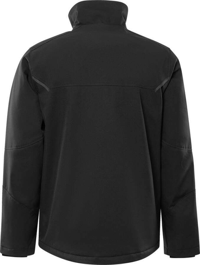 Eine schwarze Jacke mit langen Ärmeln, von hinten gezeigt, mit sichtbaren Stickereien und Details nahe den Schultern und Ärmeln.