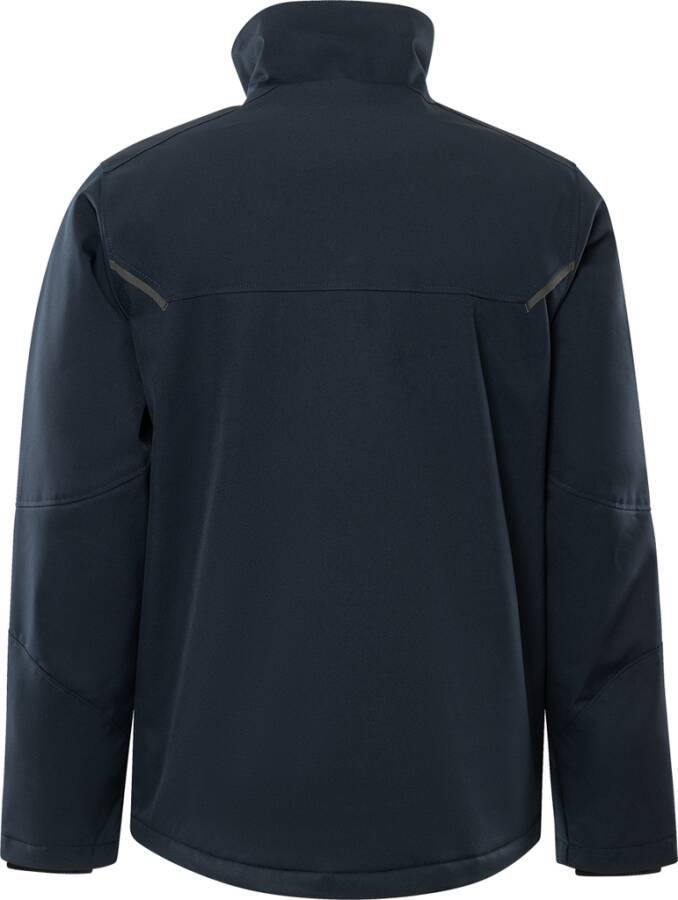 Eine schwarze Jacke, von hinten gezeigt, mit einem schlichten Design, langen Ärmeln und einer Naht im Schulterbereich.