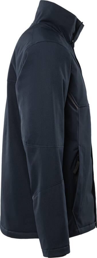 Eine Nahaufnahme einer marineblau-farbenen, langärmeligen Jacke, die die seitliche Tasche und Nahtdetails zeigt.