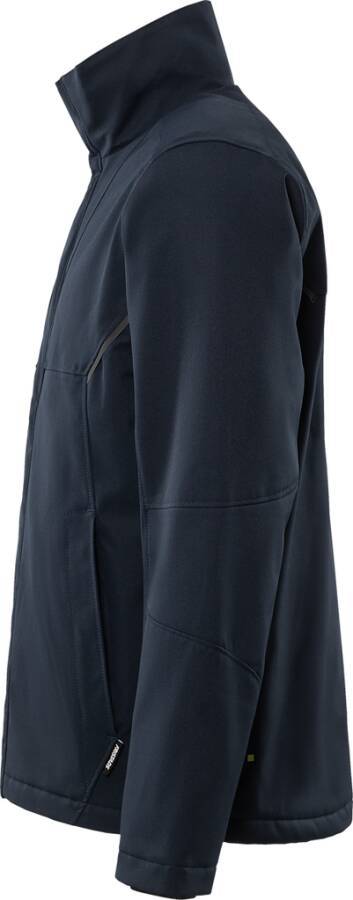 Eine marineblaue Jacke, von der Seite gezeigt, mit hervorgehobenen Nähten und einem Reißverschluss an der linken Seite.