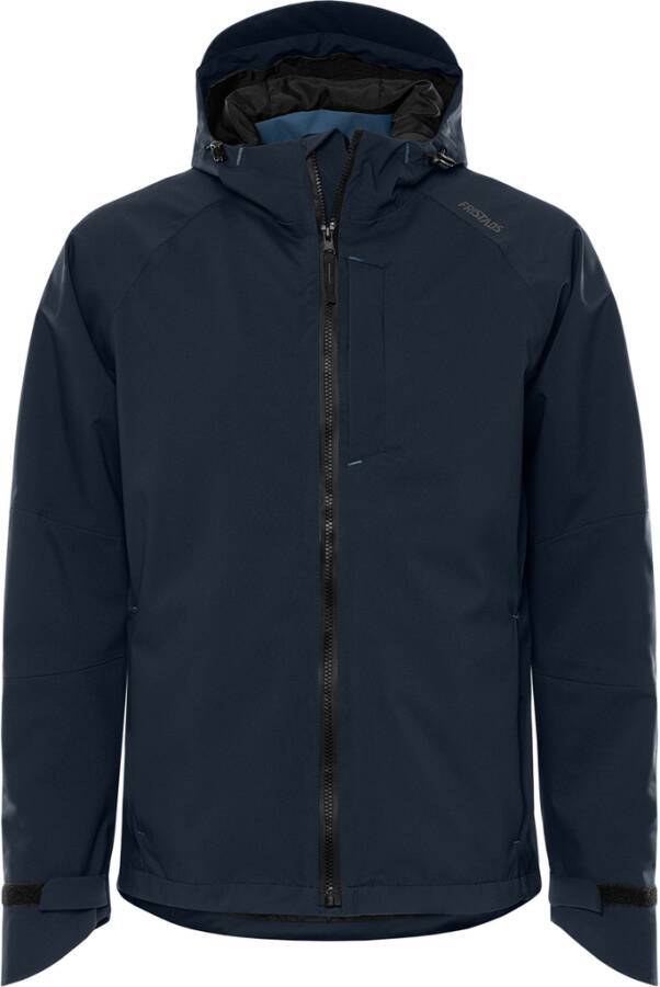 Eine marineblaue Kapuzenjacke mit Reißverschluss vorne und einer Brusttasche, konzipiert für den Einsatz im Freien bei kühlem Wetter.