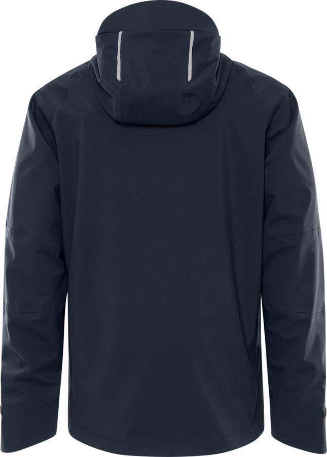 Eine dunkelblau gefärbte Kapuzenjacke, von hinten gezeigt, die die Kapuze und die langen Ärmel hervorhebt, mit einem einfachen und minimalistischen Design.