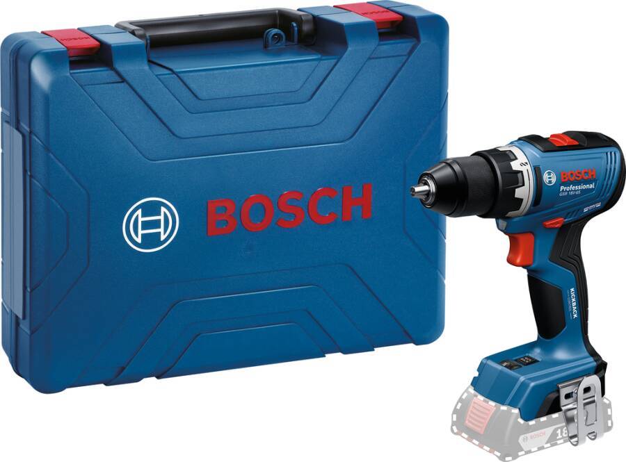 Ein blauer Bosch-Werkzeugkoffer neben einem Akku-Bohrschrauber mit rotem Auslöser.