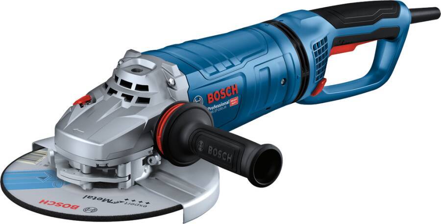 Ein Bosch Professional Winkelschleifer mit blau-silbernem Gehäuse, schwarzem Griff und Trennscheibe, ausgelegt für schwere Metallbearbeitungsaufgaben.