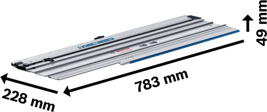 Ein Metalllineal von Bosch, das als 783 mm markiert ist und Messmarkierungen sowie das Markenlogo aufweist.