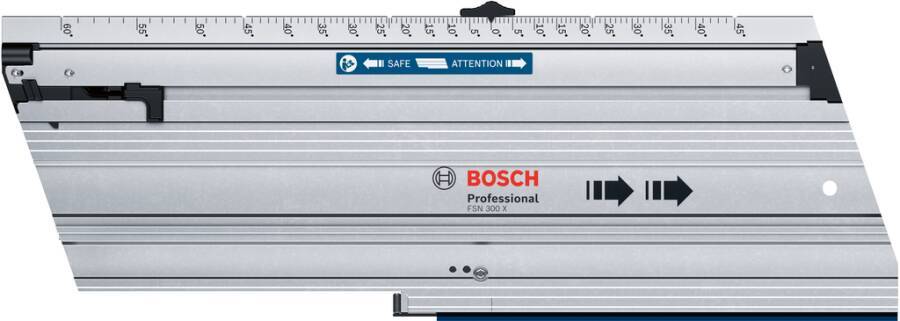 Führungsschiene 'Bosch FSN 300 X' mit Messskala und Sicherheitshinweisen, gekennzeichnet mit 'Sicher' und 'Achtung' am oberen Ende.