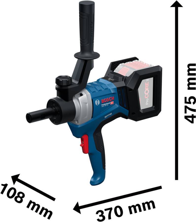 Eine Bohrmaschine mit seitlichem Handgriff, Bosch-Branding und gekennzeichneten Abmessungen von 108 mm Breite und 475 mm Länge.