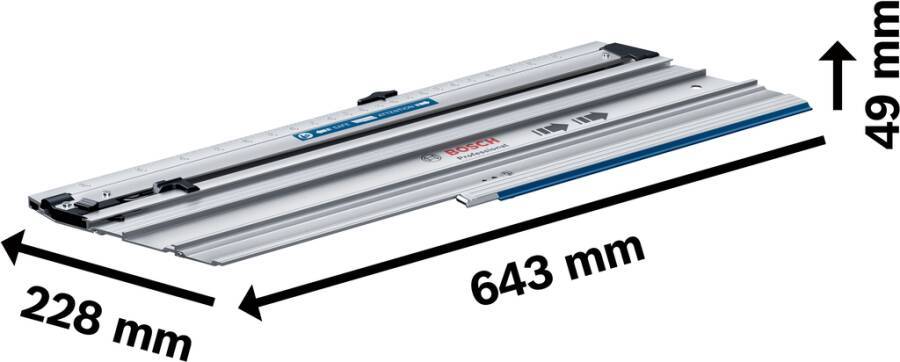 TearProtect' Teil für Bosch Säge mit Linealmarkierung und '643 mm' in fetter Schrift; entwickelt zur Verbesserung der Schnittgenauigkeit.