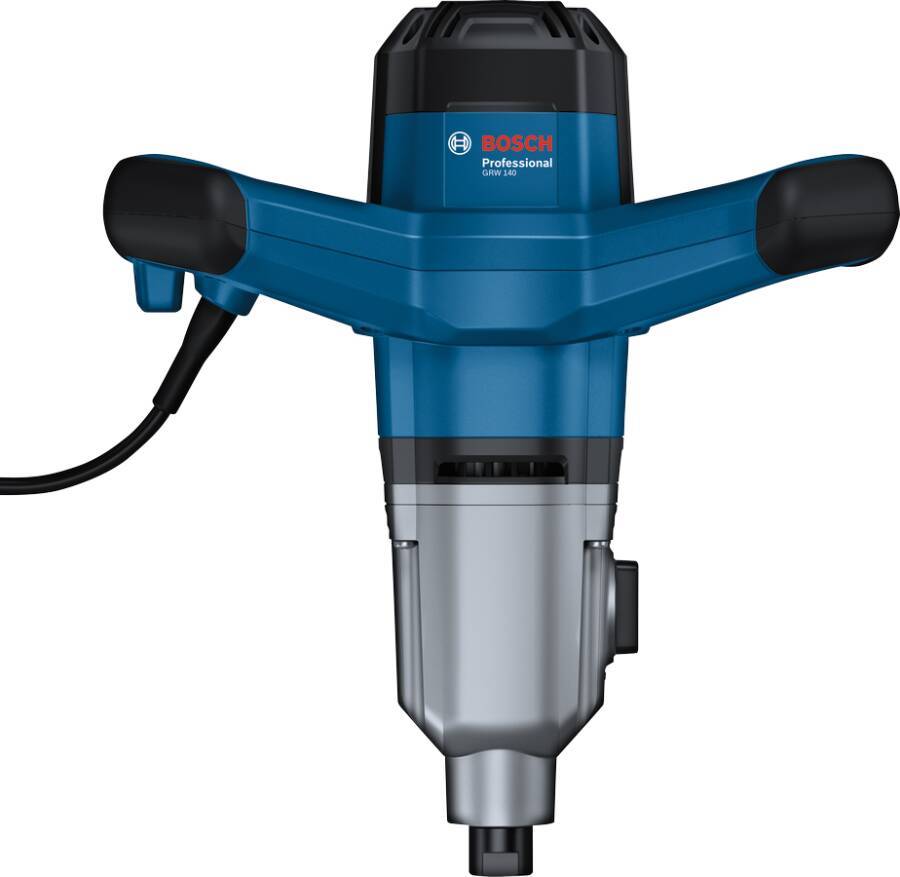 Eine 'Bosch Professional' blaue elektrische Bohrmaschine von vorne, die das Markenlogo und den Griff zeigt, mit einem Netzkabel, das von links herausragt.