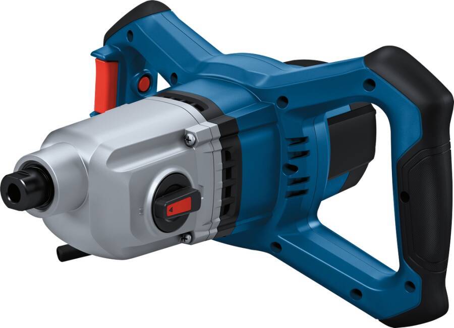 Eine Nahaufnahme eines blauen und grauen Elektro-Bohrschraubers mit einem roten Schalter, die sein robustes Design und ergonomischen Griff hervorhebt.