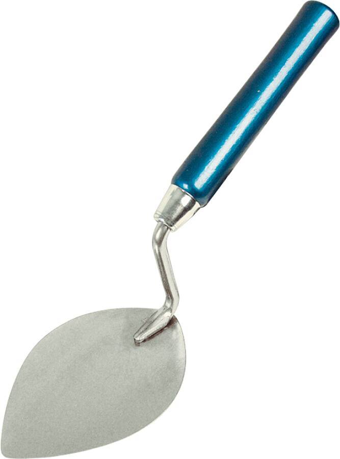 Eine Maurerkelle aus Metall mit einem blauen Griff, die zum Auftragen und Glätten von Mörtel oder Beton verwendet wird.