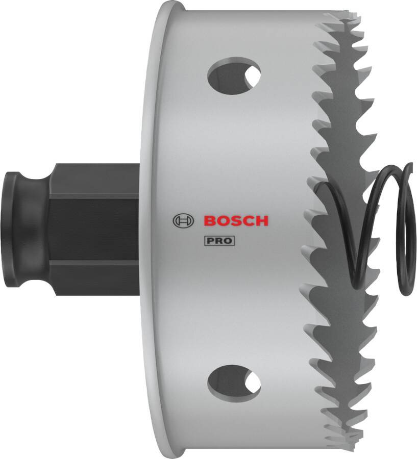 Eine Nahaufnahme einer Bosch Pro-Lochsäge mit gezackten Zähnen und einer schwarzen Feder, die die Marke und Werkzeugdesign-Details zeigt.